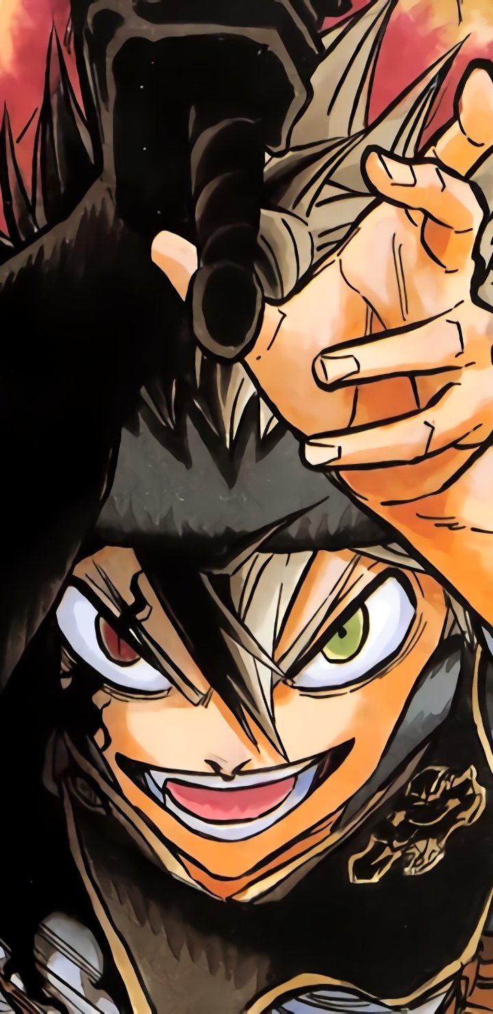 Phone wallpaper of Asta grinning fiercely with Yami Sukehiro’s shadowy silhouette looming above — bold anime artwork from Black Clover.