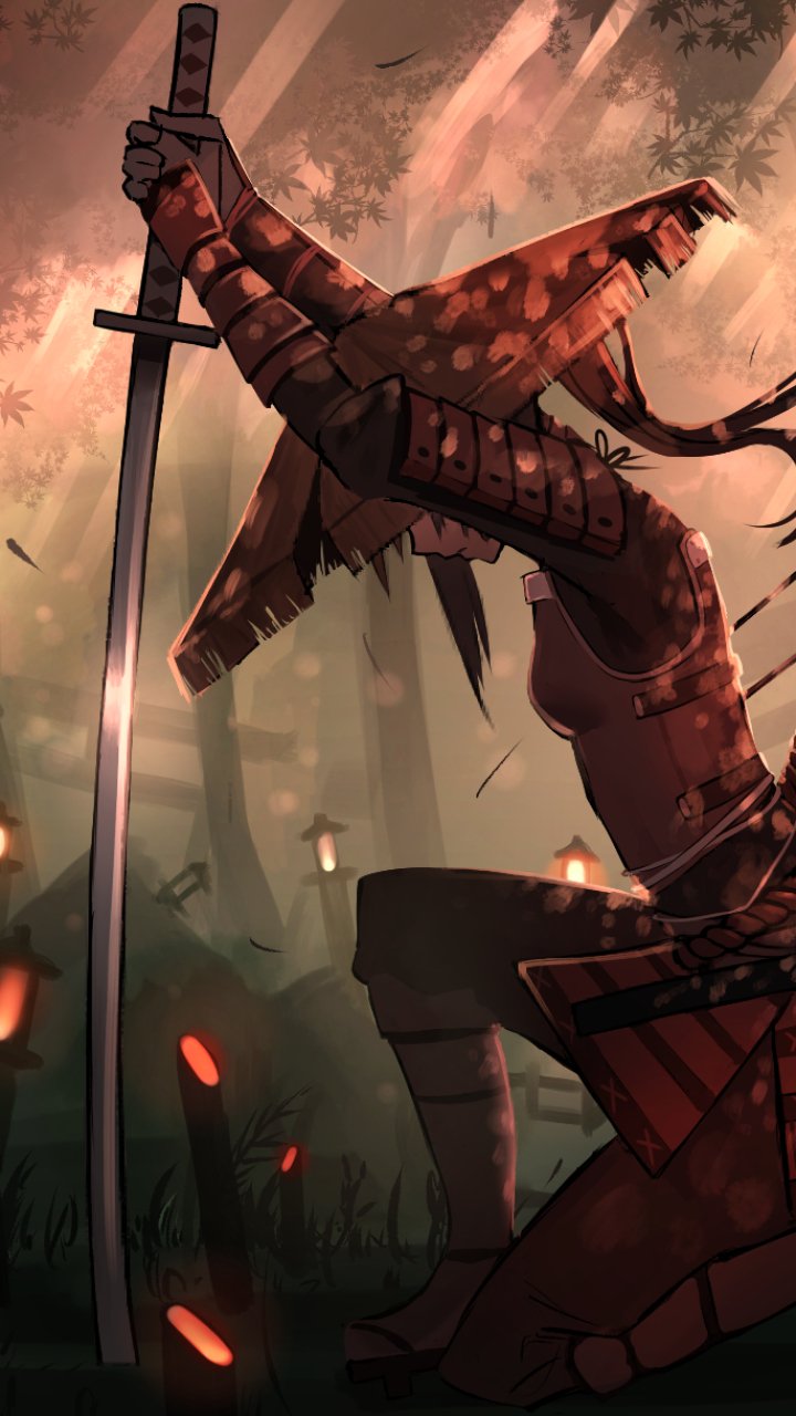 Vertical phone wallpaper of a fantasy samurai kneeling in a misty forest, gripping a planted katana as embers and dappled light fall through the trees.