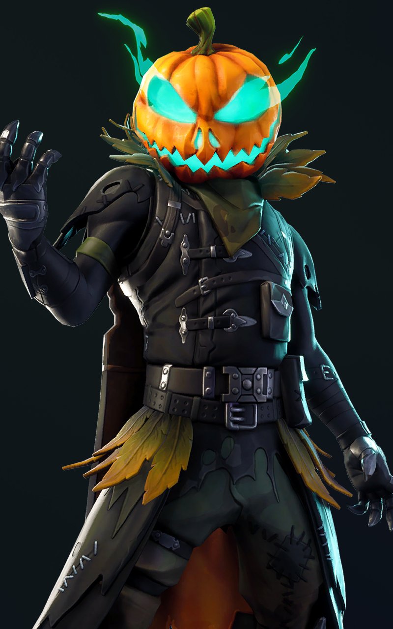 Fortnite video game pumpkin-headed scarecrow skin with glowing cyan eyes and tendrils, wearing a tattered cloak and dark gear, centered on an iPhone wallpaper.