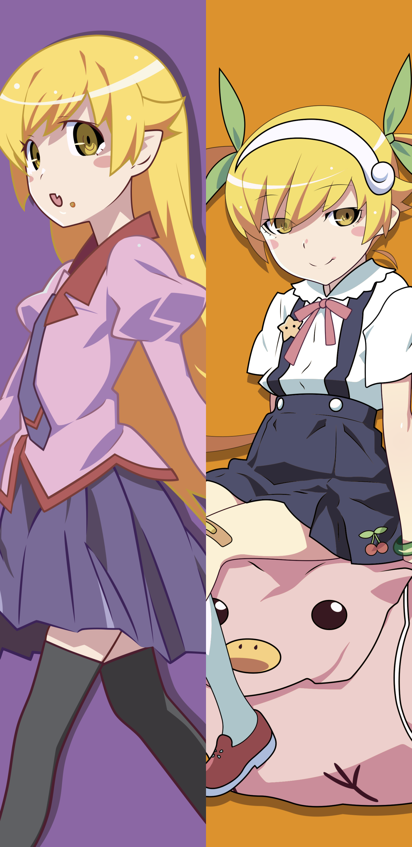 Phone wallpaper: two-panel anime artwork from the Monogatari series showing two blonde characters in contrasting outfits and expressions against purple and orange backgrounds.