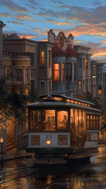  Streetcars in San Francisco on a Rainy Night by Evgeny Lushpin
