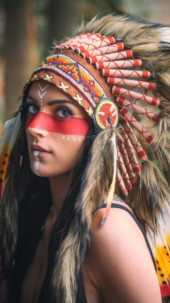 brown eyes feather headdress woman native american Phone Wallpaper