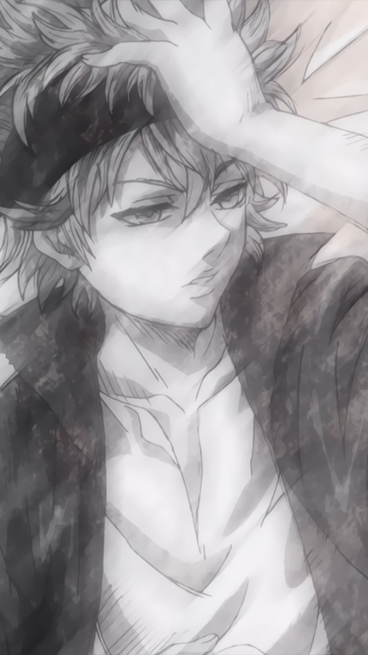 Monochrome anime-style wallpaper of Asta from Black Clover, designed for iPhone and Android screens with a soft, sketch-like shading effect.