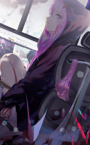 Phone wallpaper of Zero Two (Darling in the FranXX), anime portrait: pink-haired, horned girl in a hoodie seated by a window with soft, moody lighting.