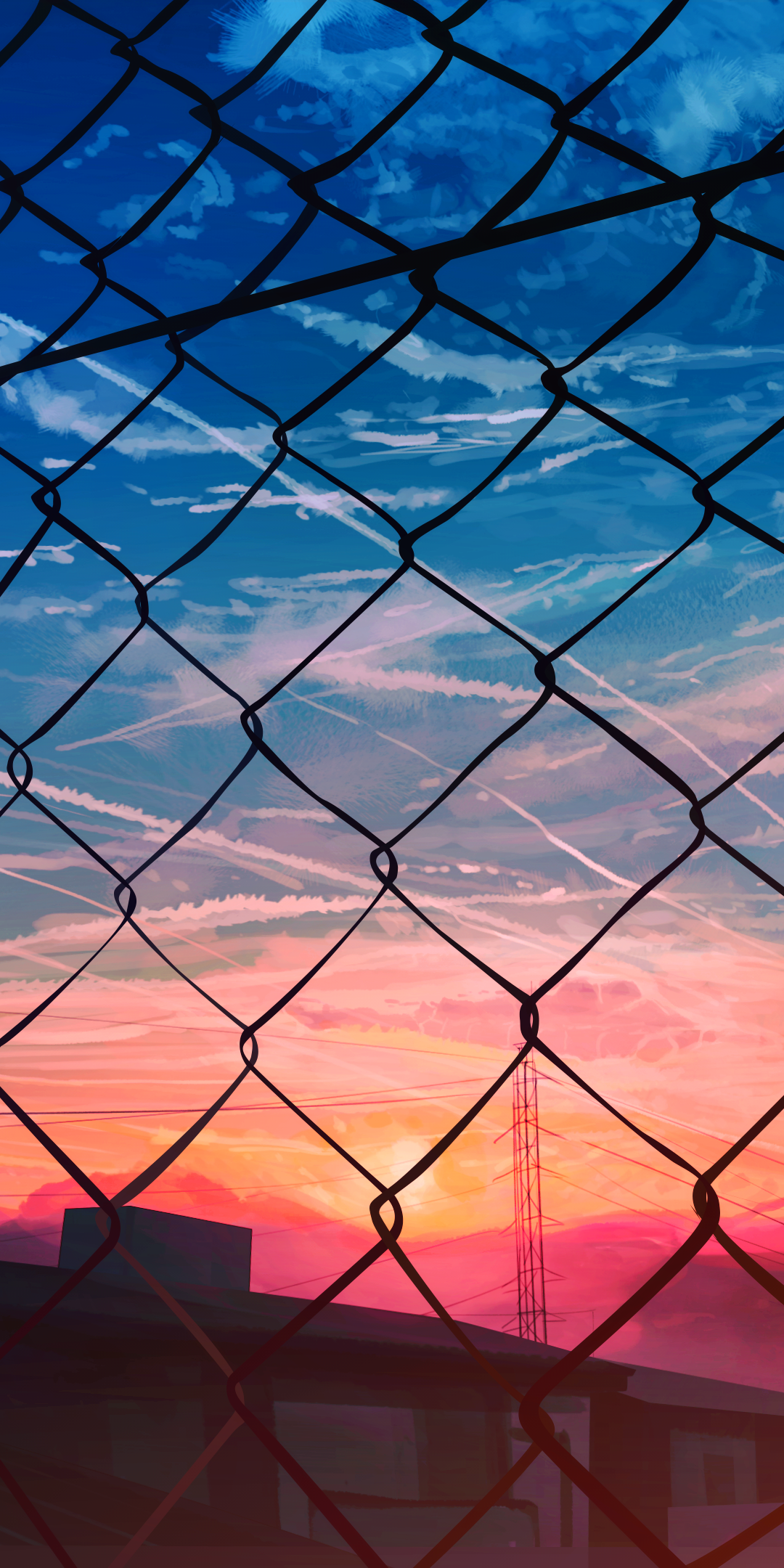 Phone wallpaper — Sky Anime: anime-style sky of pink and blue sunset streaked with contrails, silhouetted chain-link fence, rooftops and a distant antenna.