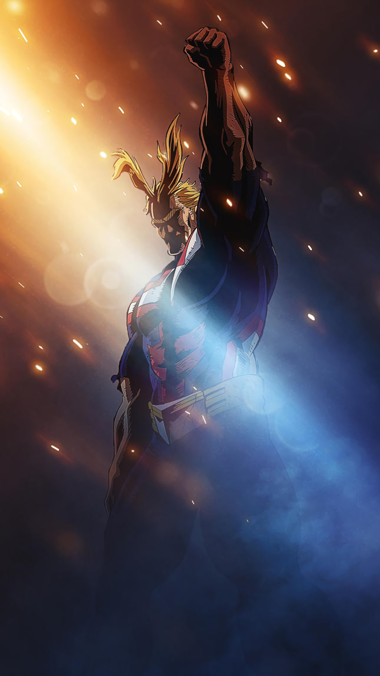 Phone wallpaper featuring All Might from My Hero Academia anime, showcasing dynamic lighting and powerful pose, compatible with iPhones and Android devices.