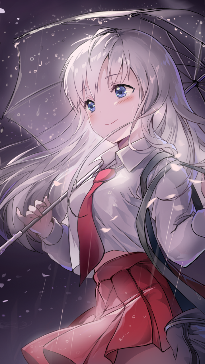Anime-style girl with long white hair and blue eyes holds a transparent umbrella in the rain, wearing a school uniform; designed as a phone wallpaper for iPhones and Android.