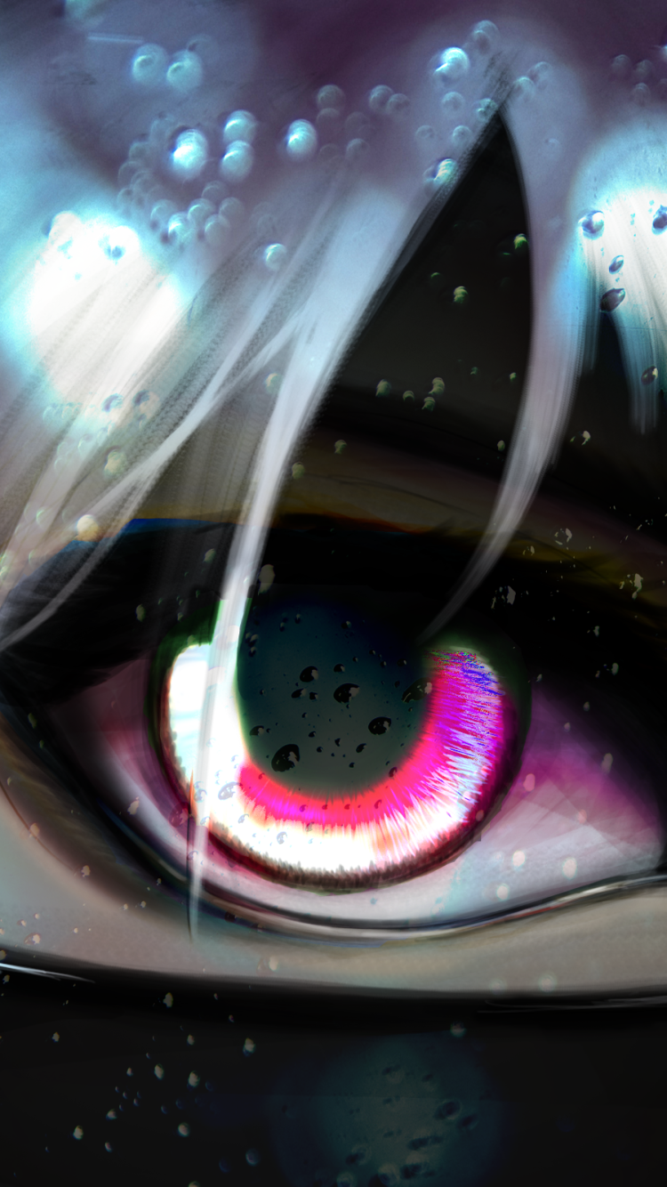 Close-up of Ken Kaneki's ghoul eye glowing pink-red with water droplets and dark, moody anime tones, Tokyo Ghoul phone wallpaper.