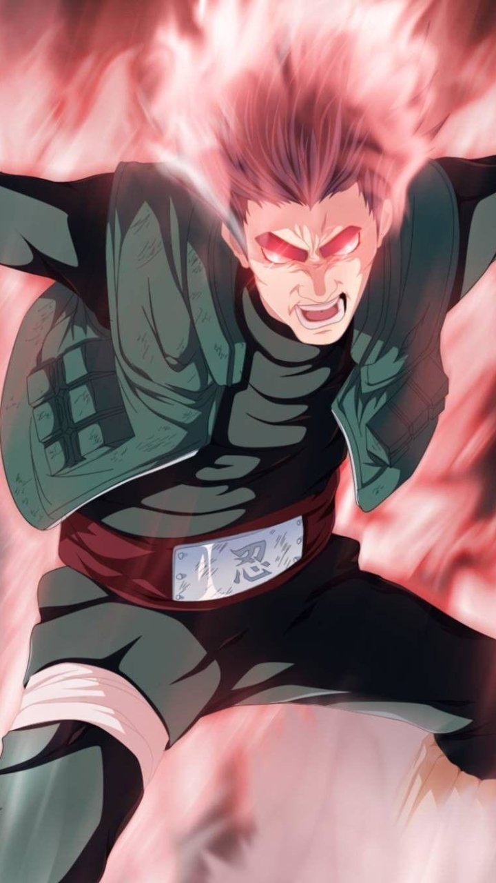 Phone wallpaper of Might Guy from the Naruto anime, charging forward surrounded by a blazing red aura with a fierce, battle-ready expression.