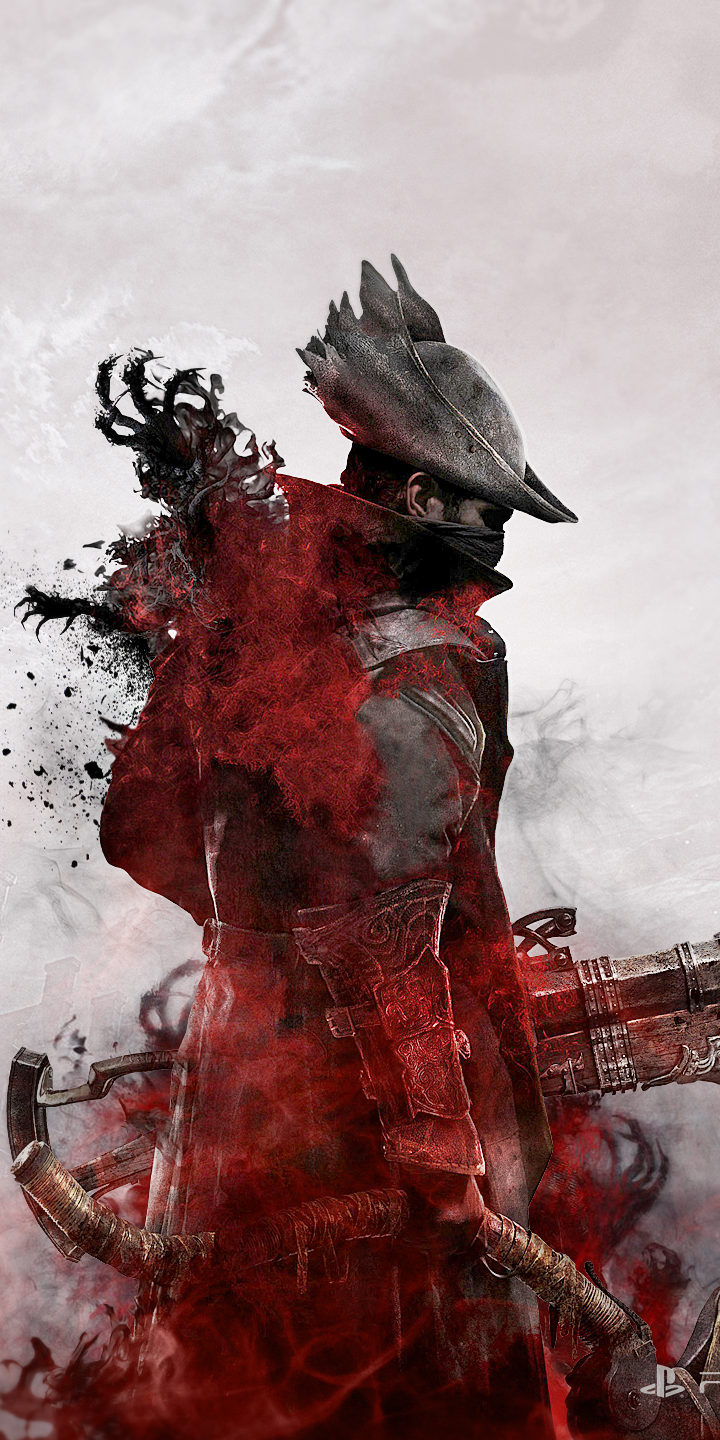 Phone wallpaper of a Bloodborne hunter in gothic armor, red smoke and ash swirling around him as he wields a trick firearm, set against a pale, textured sky.