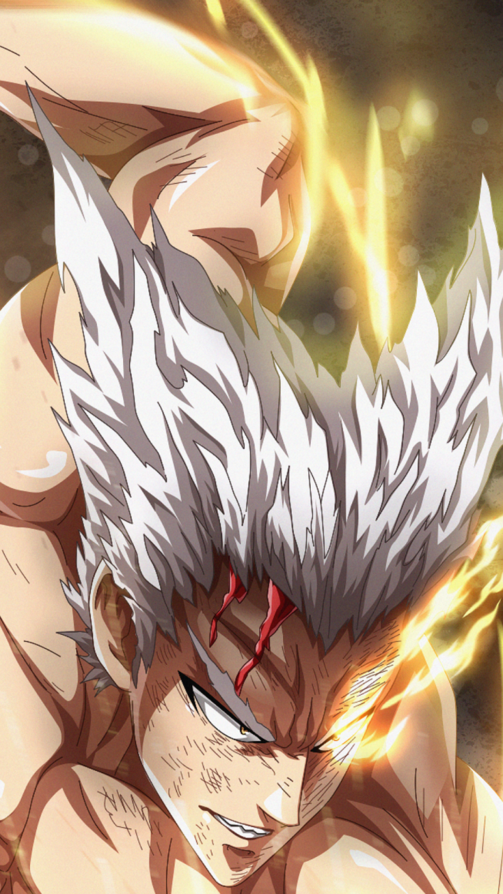 Anime phone wallpaper of Garou (One-Punch Man): intense close-up with white spiky hair, battle wounds and glowing golden energy swirling around him.