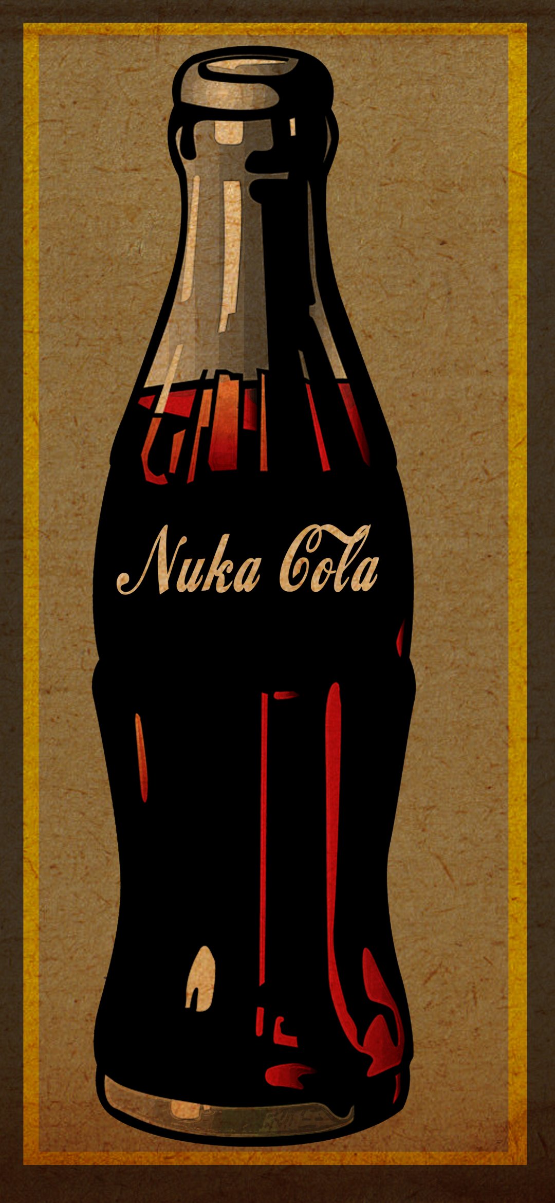 Phone wallpaper showing a vintage-style Nuka-Cola bottle poster from the Fallout video game: dark glass bottle with red highlights on a textured brown background framed by a thin gold border.
