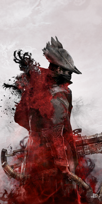 Phone wallpaper of a Bloodborne hunter in gothic armor, red smoke and ash swirling around him as he wields a trick firearm, set against a pale, textured sky.