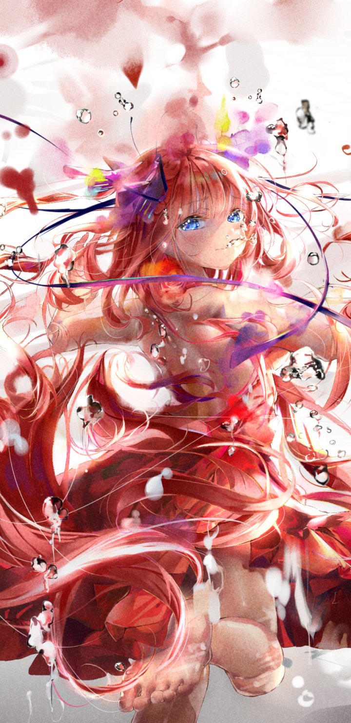 Phone wallpaper featuring Nino Nakano (The Quintessential Quintuplets) — anime portrait with flowing pink hair, bright blue eyes, red ribboned dress and drifting cherry blossom petals.
