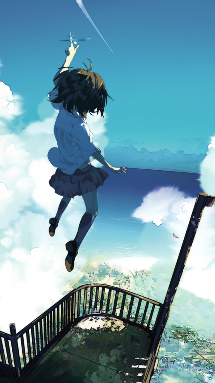 Original Sky Anime phone wallpaper (iPhone & Android): short brown-haired girl in a shirt, skirt and socks jumps from a balcony into bright sky and clouds as an airplane streaks overhead.