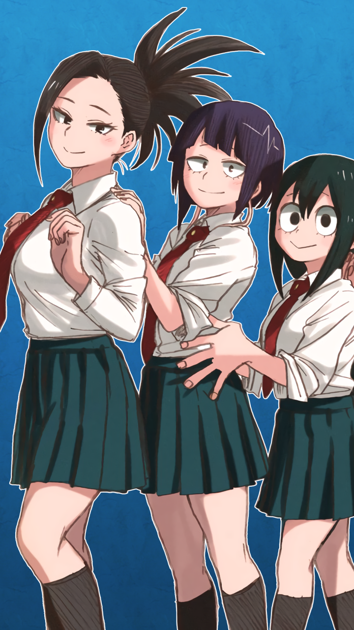 Phone wallpaper of three My Hero Academia schoolgirls (Momo Yaoyorozu, Kyōka Jirō, Tsuyu Asui) with dark hair, ties and green skirts in white shirts, posing against a blue background.