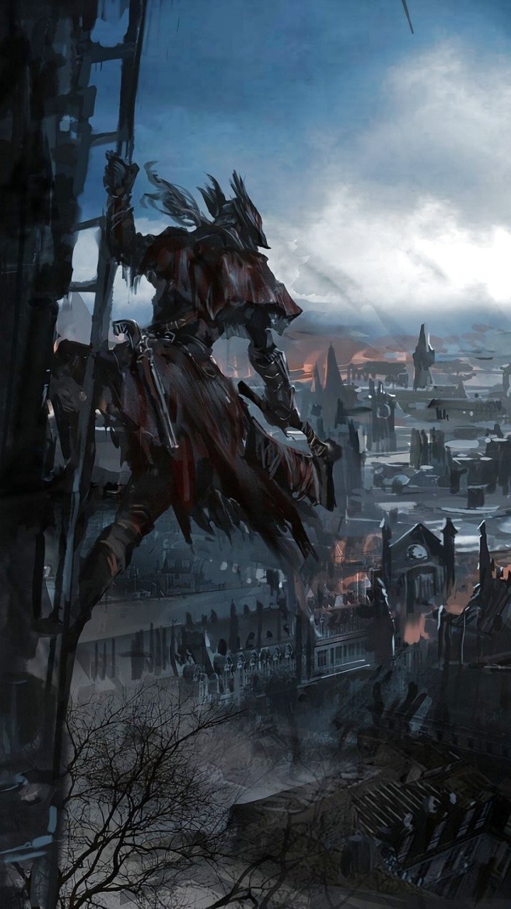 Phone wallpaper of a Bloodborne hunter on a ladder overlooking a fog‑shrouded gothic fantasy city — a dark, brooding video game scene.