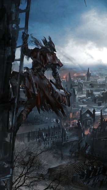 Phone wallpaper of a Bloodborne hunter on a ladder overlooking a fog‑shrouded gothic fantasy city — a dark, brooding video game scene.