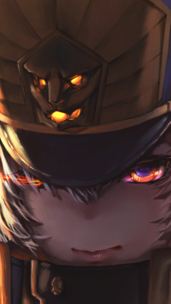 Phone wallpaper close-up of Gunpuku no Himegimi from Re:Creators, showing fierce, glowing eyes beneath an ornate helmet bathed in warm orange light.