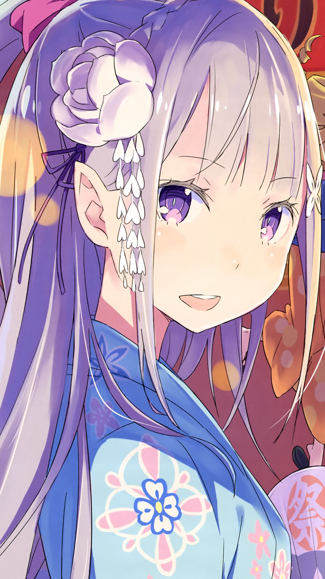 Emilia (Re:Zero) anime phone wallpaper — close-up of her smiling face, long silver hair, purple eyes, floral kimono and ornate hairpin from Re:Zero - Starting Life in Another World.