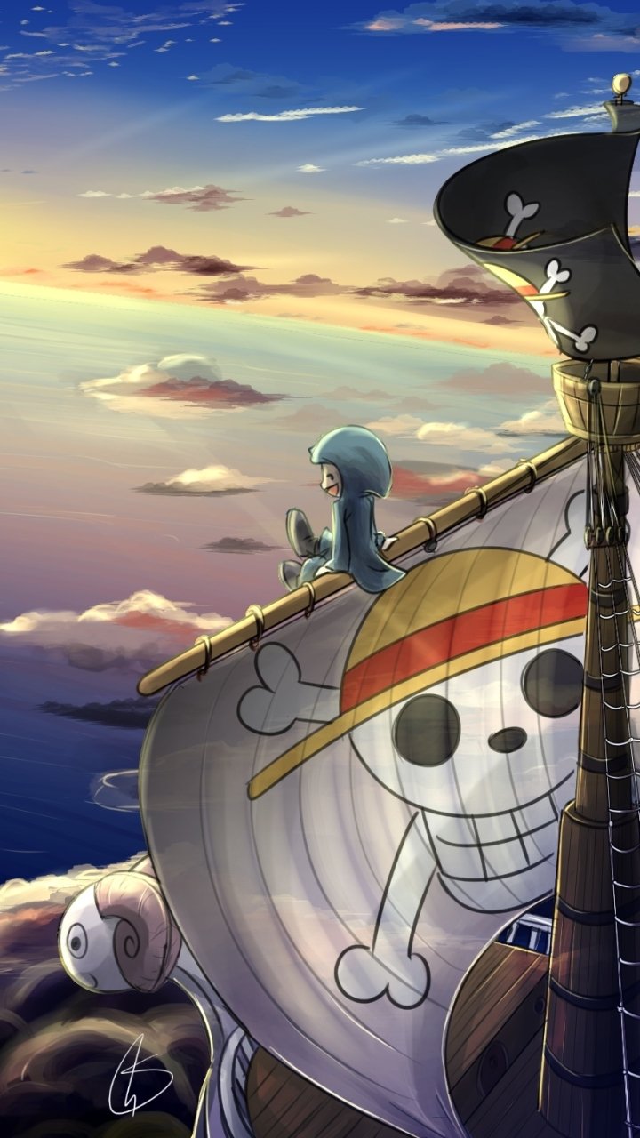 Phone wallpaper featuring the Going Merry ship from One Piece with the Thousand Sunny in the background, set against a vibrant anime-style sky on ocean waters.