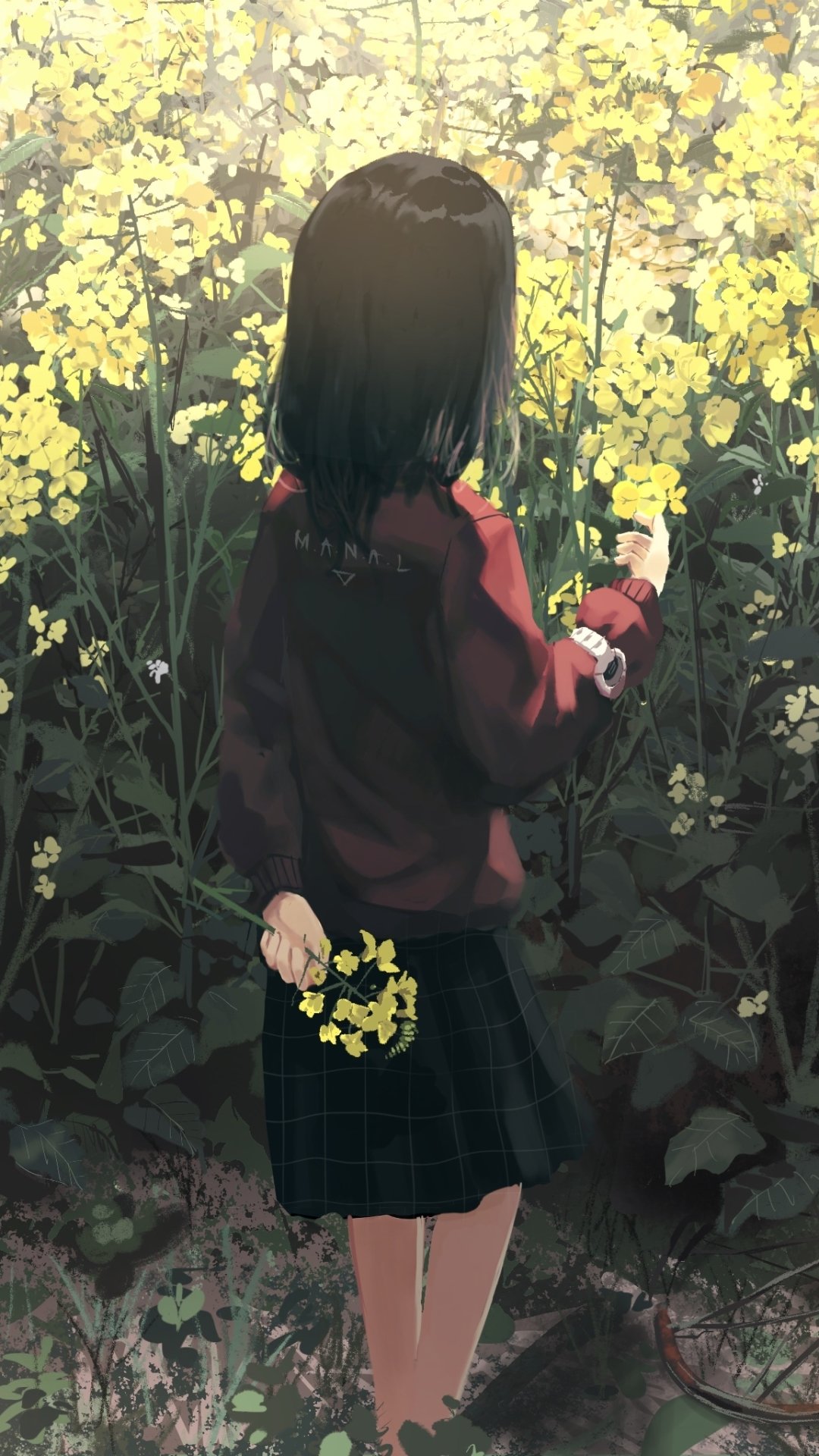 Download Watch Black Hair Short Hair Flower Yellow Flower Anime Original Phone Wallpaper