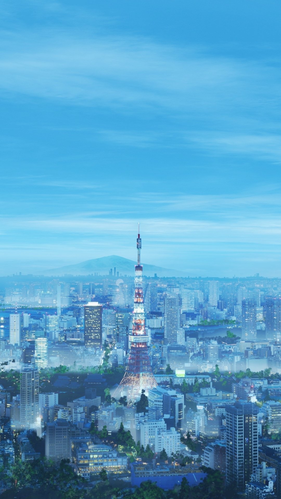 Phone wallpaper: anime-style Tokyo cityscape with Tokyo Tower rising above blue-toned skyscrapers and distant Mount Fuji — a serene anime city panorama.