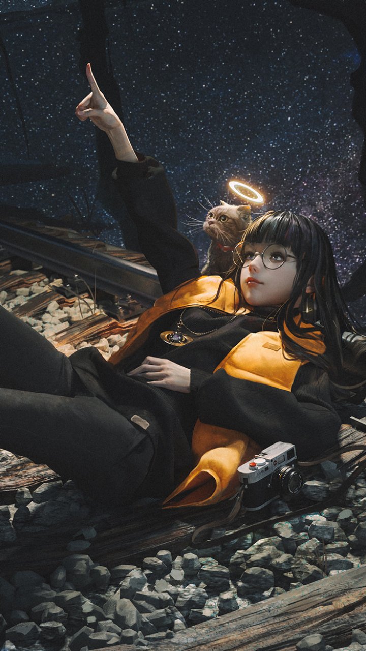 Download Black Hair Glasses Cat Anime Girl Anime Girl Anime Cat Phone Wallpaper