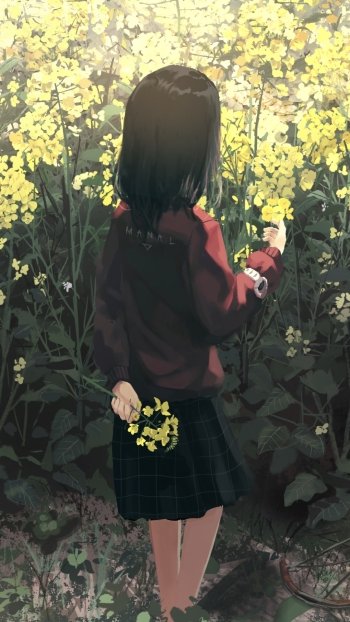 watch black hair short hair flower yellow flower Anime Original Phone Wallpaper