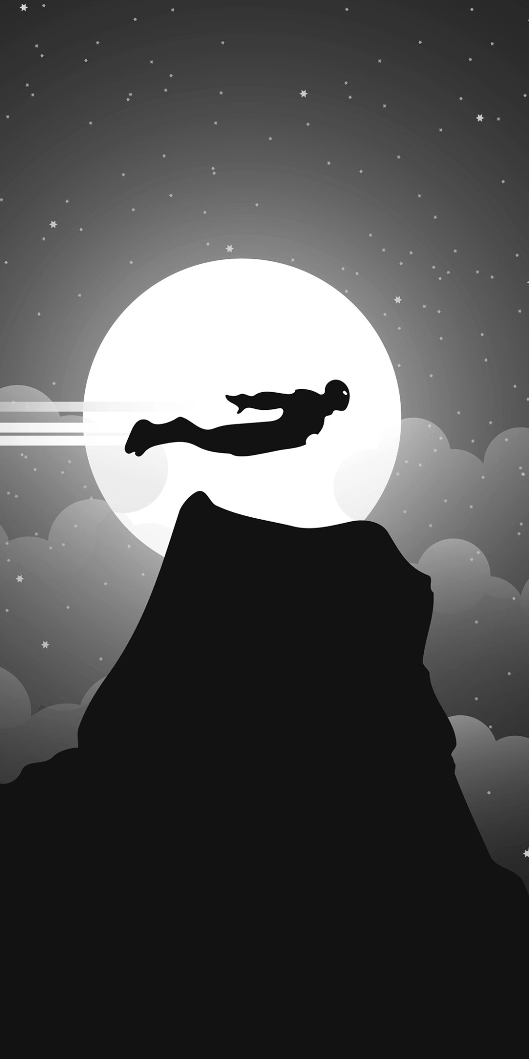 Monochrome comic-style Iron Man silhouette flies over a cliff against a starry night sky and large glowing moon, designed as a phone wallpaper for iPhones and Android devices.