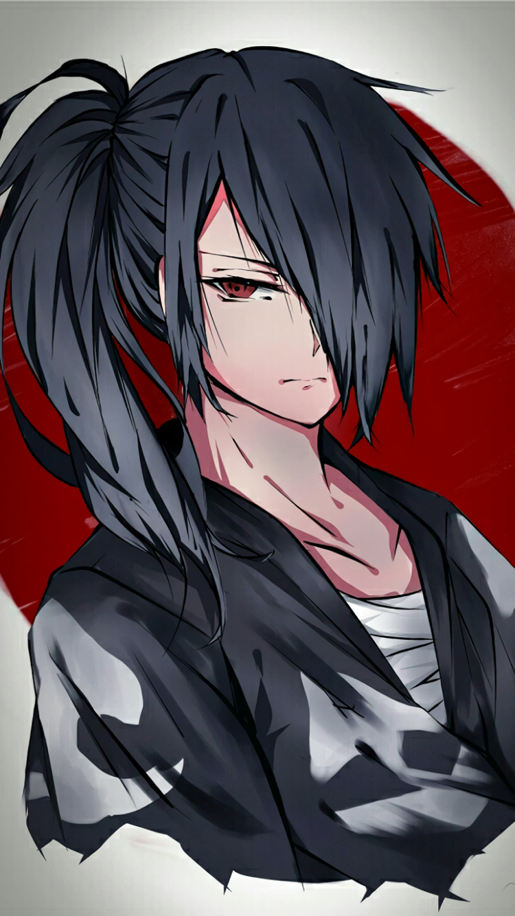 Phone wallpaper: Hyakkimaru (Dororo) from the anime Dororo — brooding portrait with long dark ponytail, red eyes and tattered kimono set against a bold red circular backdrop.