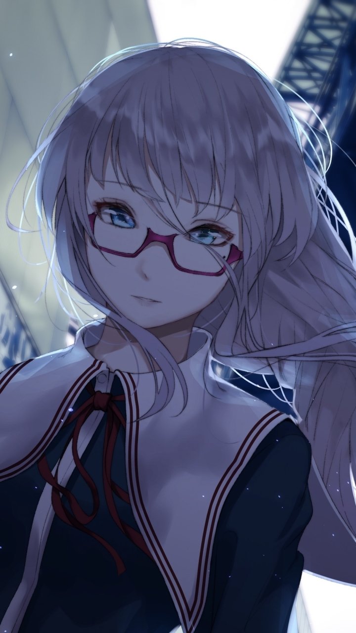 Download Long Hair School Uniform Blue Eyes White Hair Glasses Anime Original Phone Wallpaper