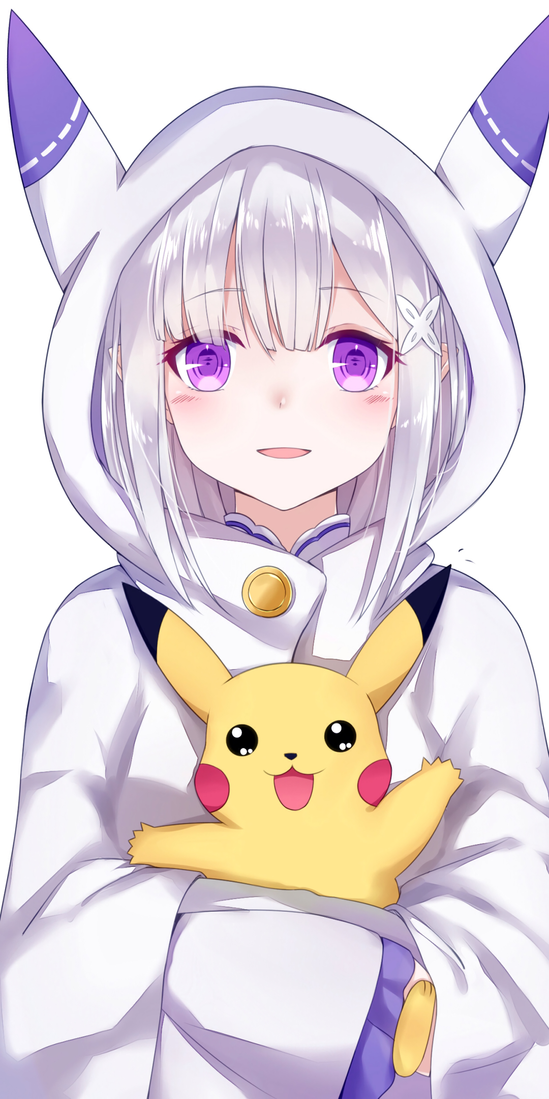 Phone wallpaper featuring a crossover anime design with Emilia from Re:Zero and Pikachu from Pokémon, blending vibrant styles for iPhone and Android displays.