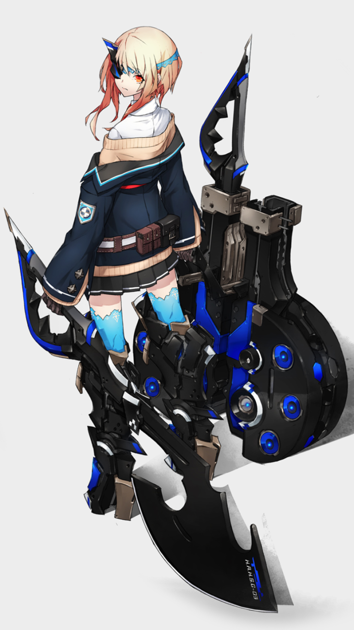 Anime original phone wallpaper: blonde, orange-eyed girl in a navy jacket and short skirt, standing with a huge blue-black mechanical sword/weapon at her side.
