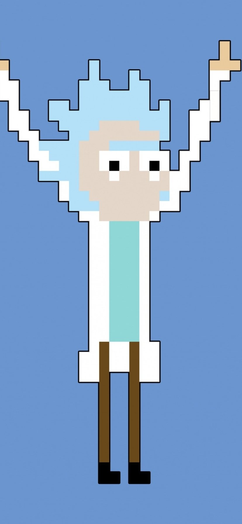 Pixel art of Rick Sanchez from the TV show Rick and Morty, designed as a phone wallpaper compatible with both iPhones and Android devices.
