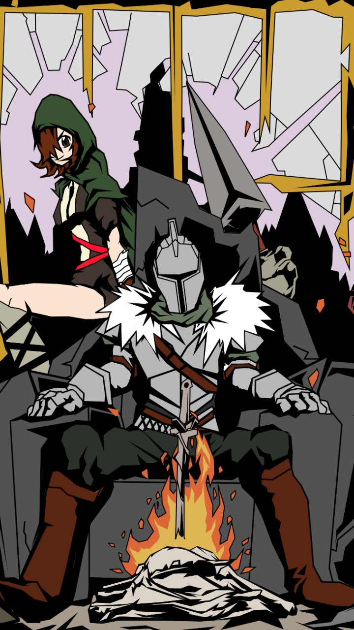 Phone wallpaper featuring Dark Souls III and Dark Souls II characters with a bonfire scene, designed for both iPhone and Android devices.