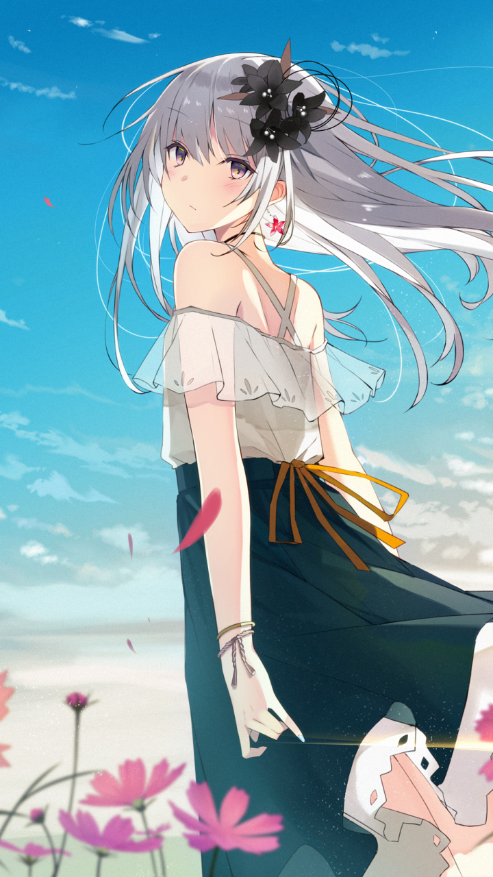 <b>flower</b>, grey hair, long hair, Anime, Original, phone wallpaper, iphone wall...