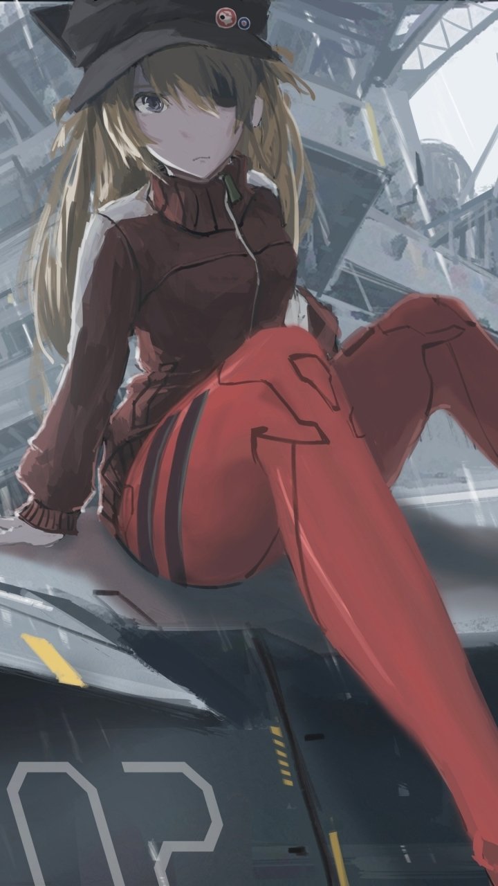Phone wallpaper of Asuka Langley Sohryu from Evangelion: 3.0 You Can (Not) Redo, seated on an EVA/jet in a rainy hangar, wearing a red pilot suit and cap, gazing forward.