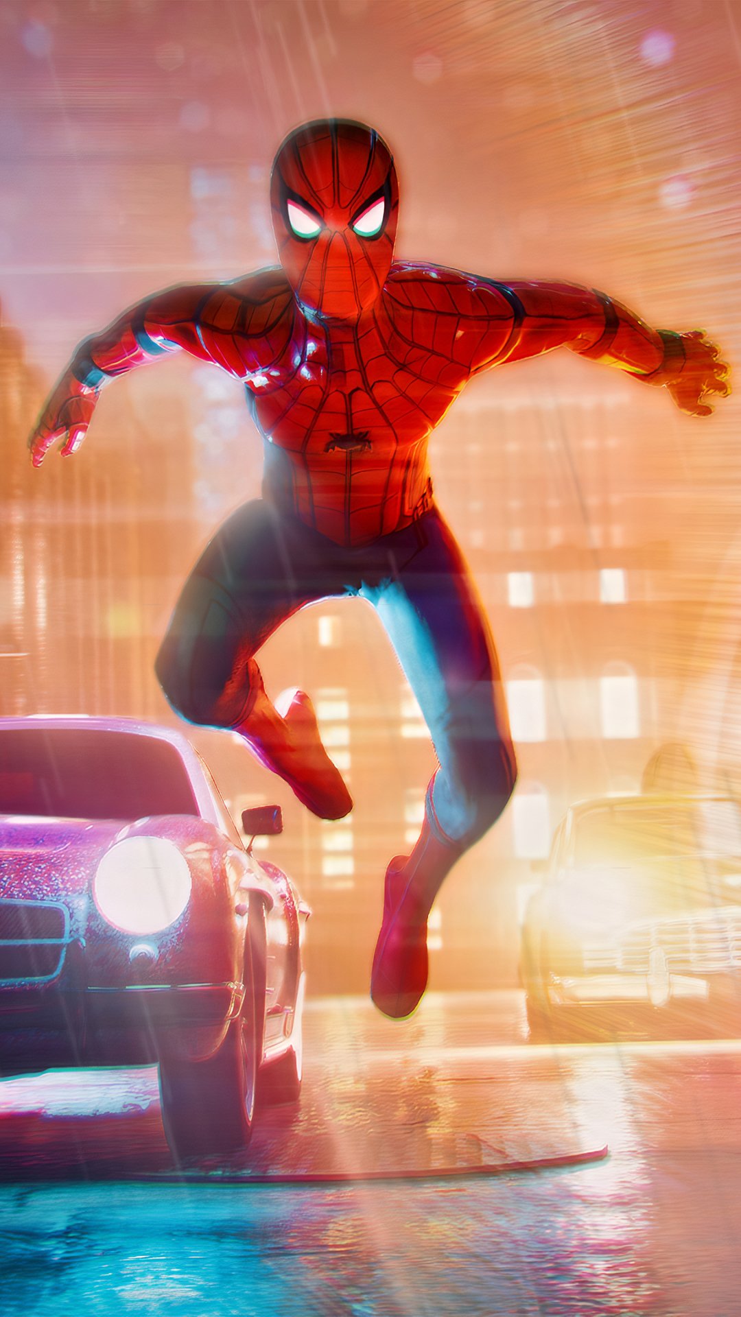 Spider-Man from Spider-Man: Into the Spider-Verse leaps over a rain-soaked city street at night — dynamic phone wallpaper for iPhone and Android.