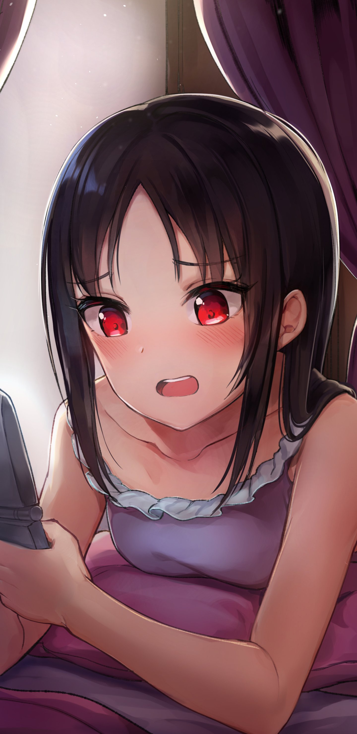 Kaguya Shinomiya from Kaguya-sama: Love is War — phone wallpaper close-up: blushing, red-eyed Kaguya in pajamas, holding a phone in bed with soft curtains and warm light behind her.