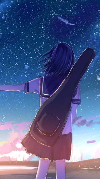 star bag blue hair short hair Anime Original anime sunset Phone Wallpaper