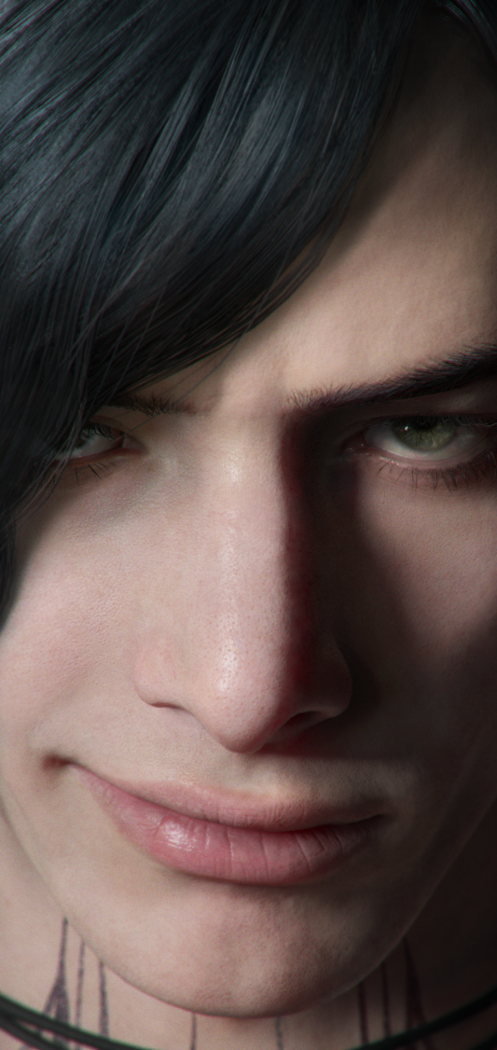 Phone wallpaper close-up of V (Devil May Cry) from Devil May Cry 5 — smirking face with dark hair, green eyes and visible neck tattoos, video game character portrait.