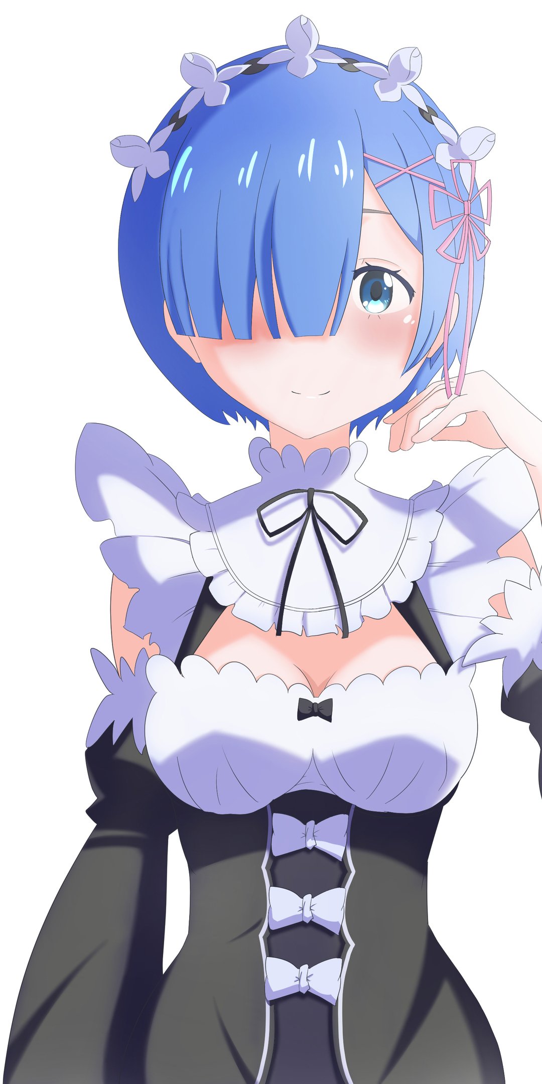 Phone wallpaper of Rem from Re:Zero - Starting Life in Another World: anime maid with short blue hair and blue eyes, one eye covered by bangs, blushing with a hand near her face.