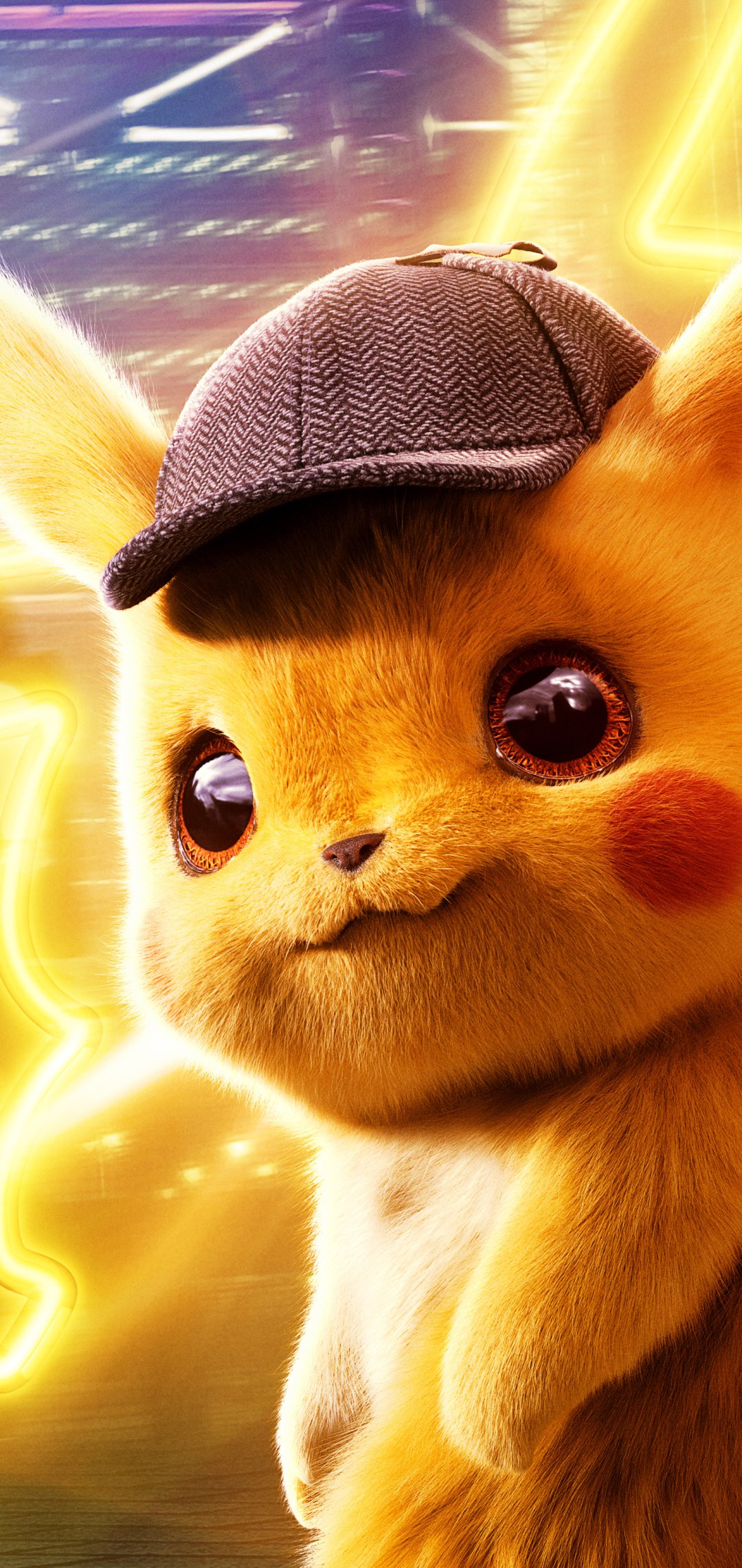 Phone wallpaper featuring Pikachu from the Pokémon Detective Pikachu movie, with Pikachu wearing a detective hat against a glowing city background.