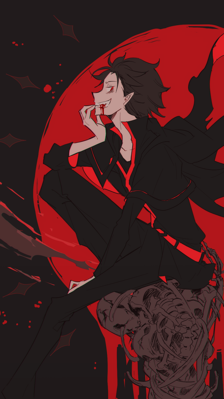 Phone wallpaper of Subaru Natsuki from Re:Zero featuring dark, bold red and black anime-style art, designed for iPhones and Android devices.