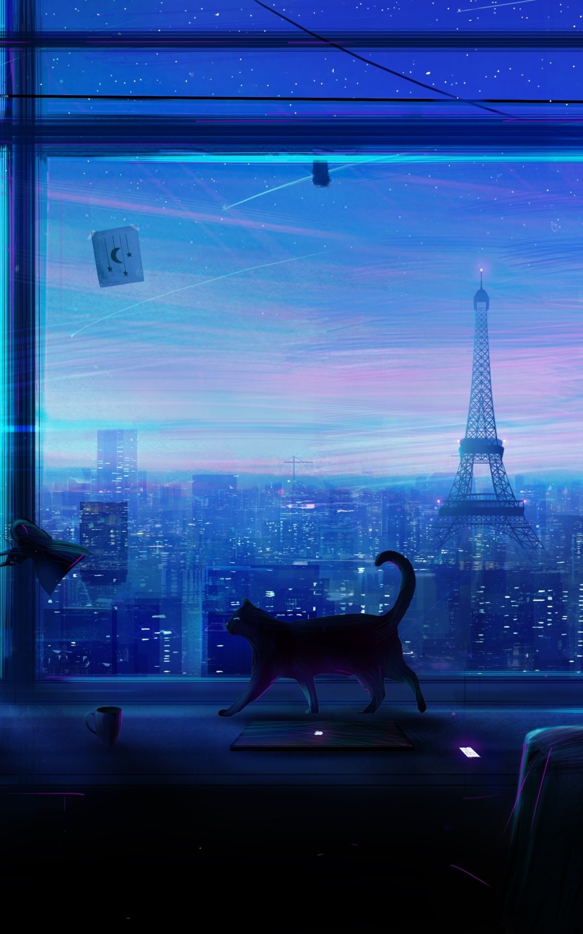 Anime phone wallpaper: an anime cat on a windowsill silhouetted against a starry sky and neon-lit anime city skyline with the Eiffel Tower.