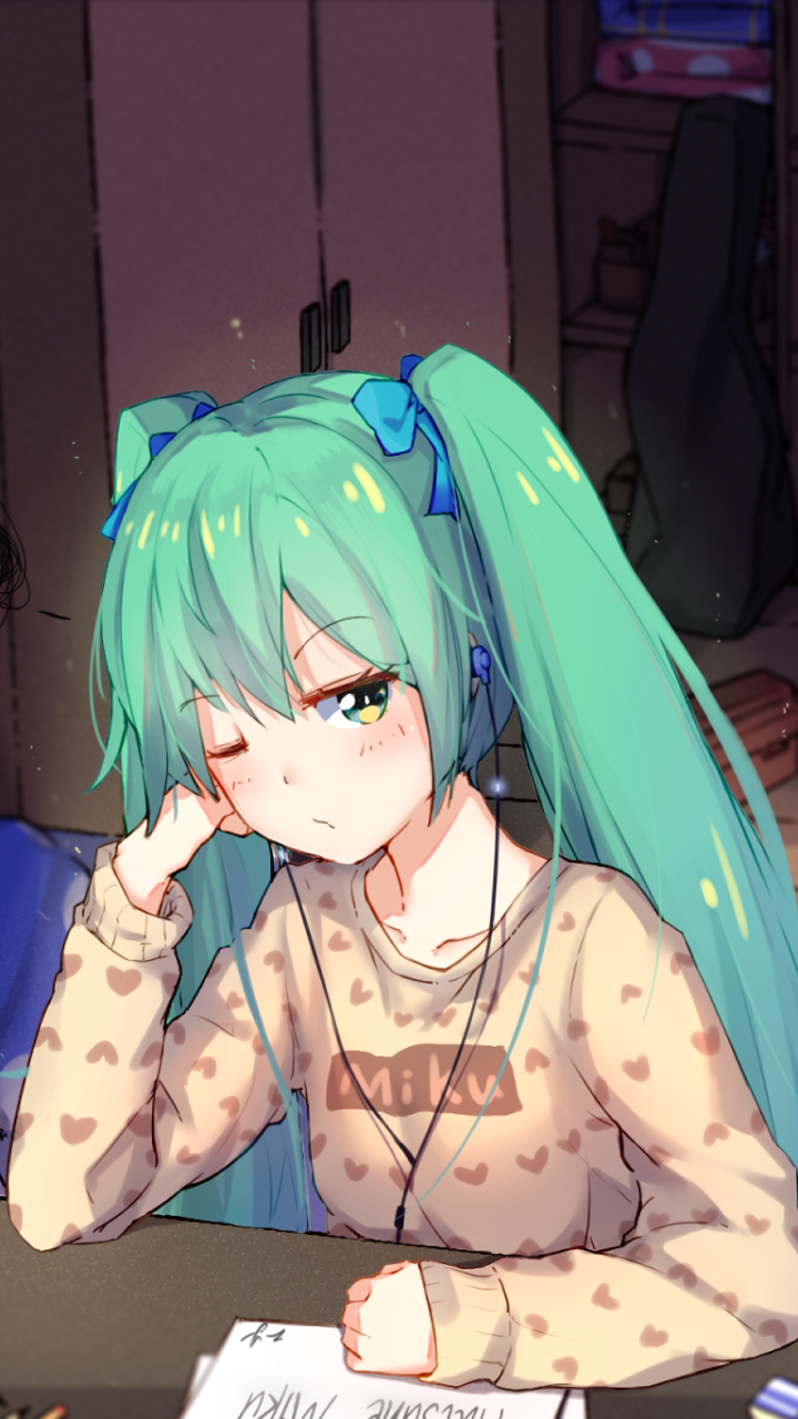 Anime-style wallpaper featuring Hatsune Miku with teal twin tails, wearing a cozy beige sweater, designed for iPhone and Android phone screens.