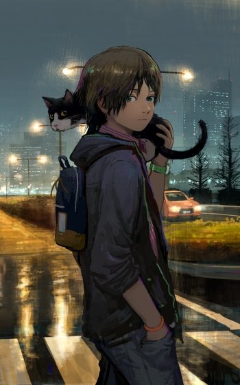 cat night Anime boy anime boy anime cat anime night Phone Wallpaper