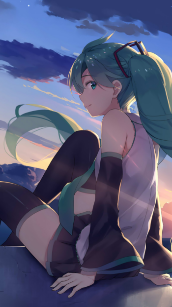 twintails green hair skirt green eyes long hair Hatsune Miku Anime Vocaloid anime sunset Phone Wallpaper