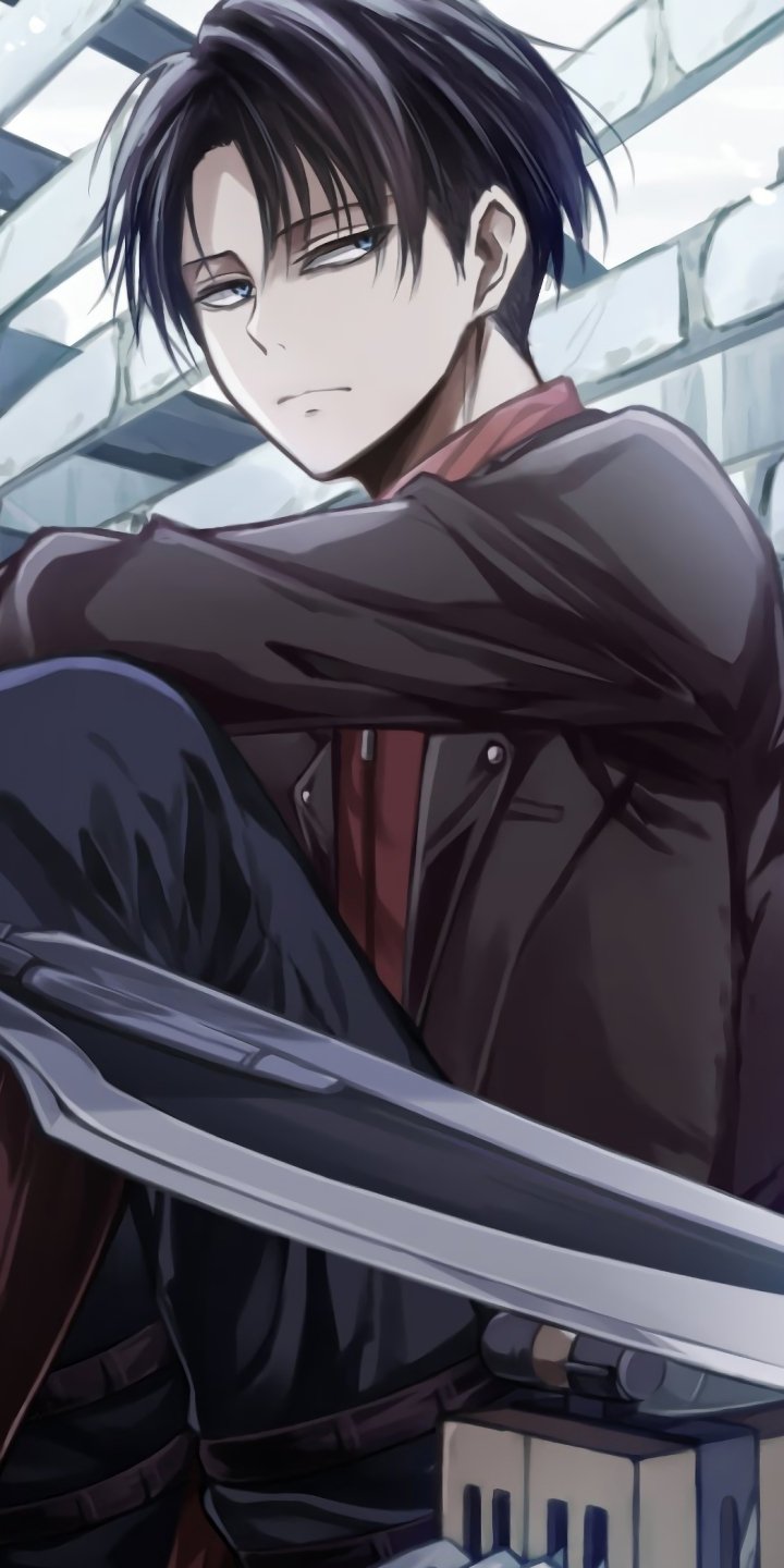 Anime phone wallpaper of Levi Ackerman with black hair, wearing a dark jacket, seated with blade and ODM gear, stoic expression against a brick wall.